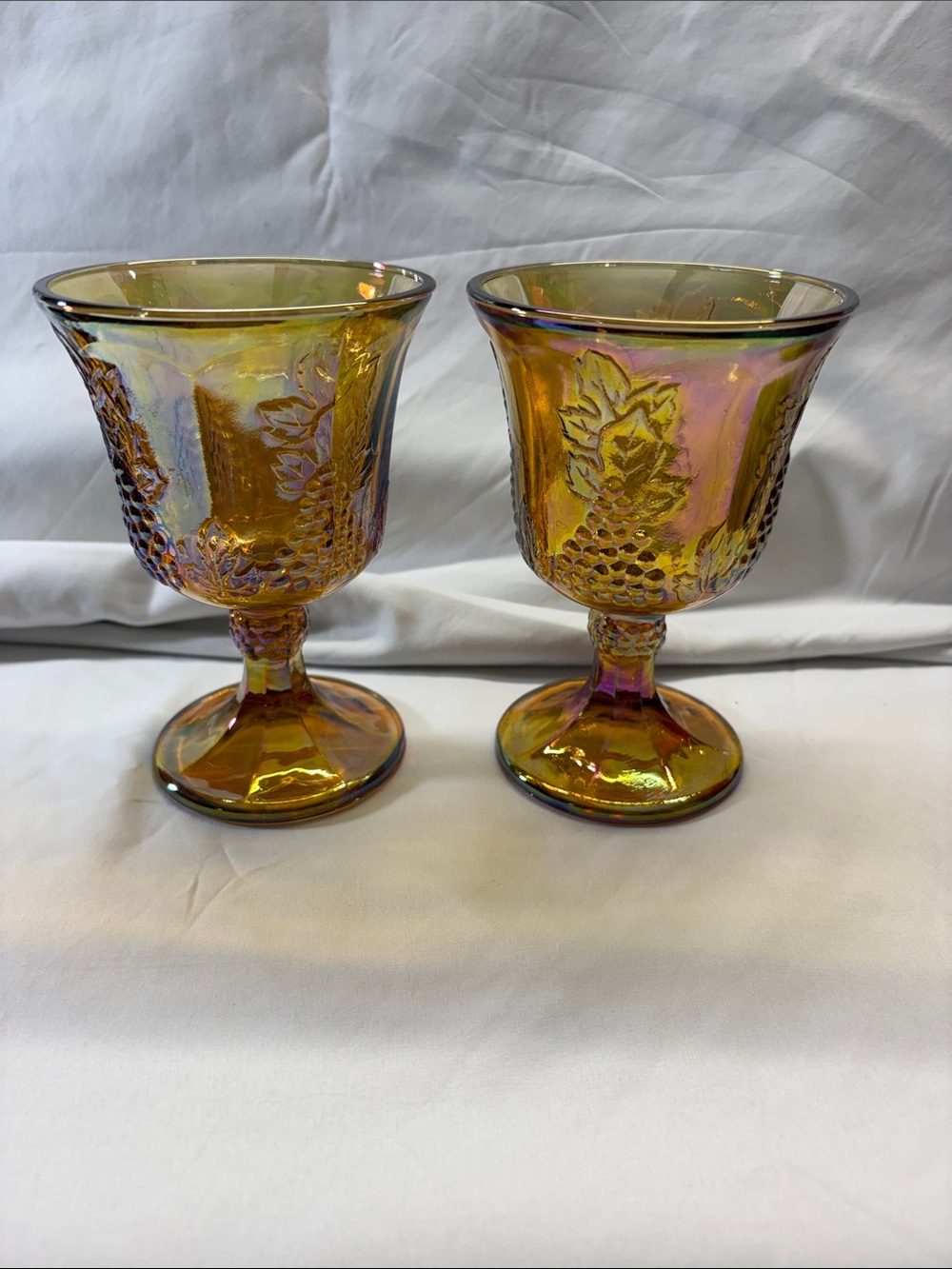 Iridescent Amber Carnival Glass Goblets - Pair